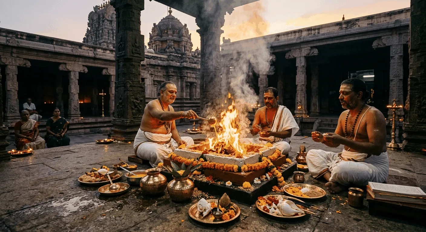 Priests performing a sacred Vedic homam around the holy fire